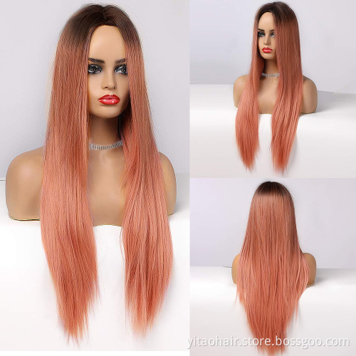Ombre Colour Hair Cheap Long Natural Straight Synthetic Hair Wig Pastel Pink Cosplay Non Lace Middle Part Wigs for Black Women